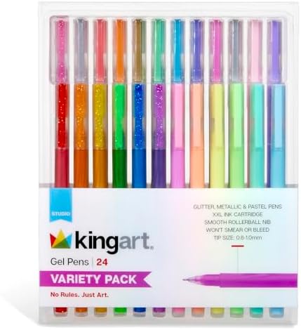 KINGART 24 Gel Pens Set: Glitter, Metallic & Pastel Colors for Adult Coloring Books, Journaling, Scrapbooking & DIY Crafts