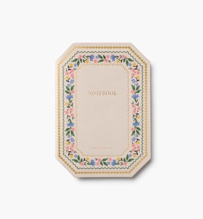 RIFLE PAPER CO. Gemma Stitched Notebook Set, 8.5" L x 6" W, Set Of 3, 64 Ruled Pages With Gold Ink, Full-Color Die-Cut Canvas Cover With White Text Paper Interior
