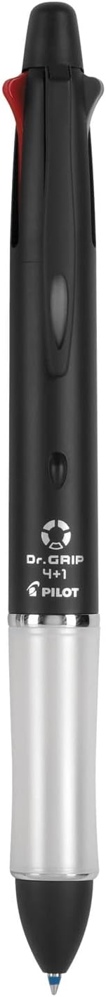 PILOT Dr. Grip 4+1 Multi-Function Refillable & Retractable Ballpoint Pen + Pencil, Fine Point, Black Barrel, Black/Red/Blue/Green Inks, Single Pen (36220)