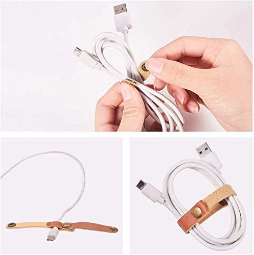 10 Pcs Cord Organizer, Portable Leather Cable Cord Stocking Stuffers for Men USB Straps Earphone Winder with Leather Handmade (Brown/white)