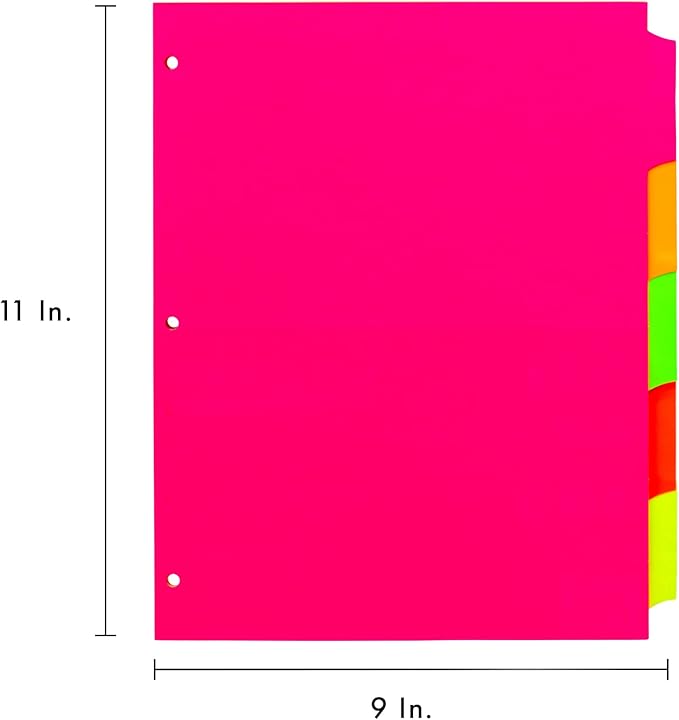 Pukka Pad, 5 Dividers, Binder Notebook File Page Separators, 1 Pack of 5 Tab Set, 8 ½ x 11 in. Neon Colors