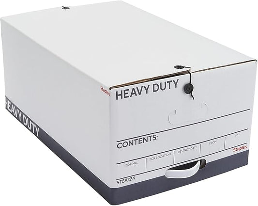 STAPLES Heavy Duty File Box, String and Button Lid, Legal, White/Gray, 4/Pack