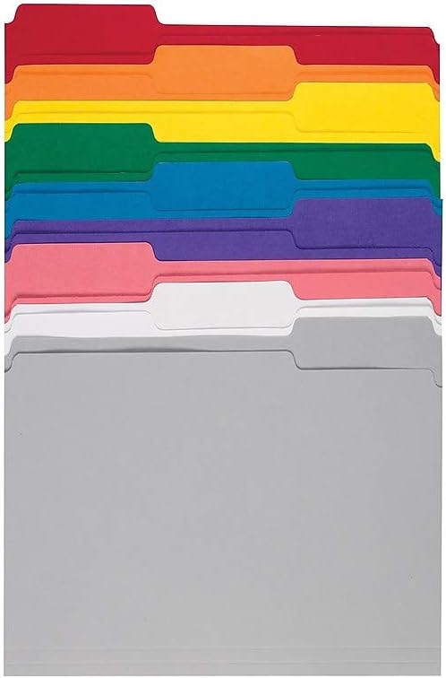 Staples File Folders, Letter Size, 1/3‑Cut Tabs, Assorted Colors, Durable 10.5‑Point Paper Stock, 100/Pack