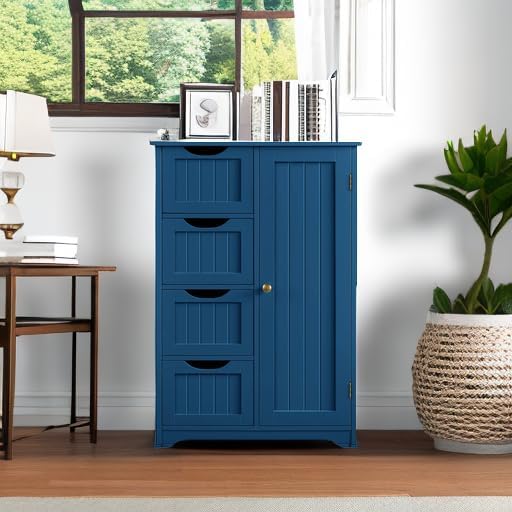 Yaheetech Wooden Bathroom Floor Cabinet, Side Storage Organizer Cabinet with 4 Drawers and 1 Cupboard, Freestanding Entryway Storage Unit Console Table, Bathroom Furniture Home Decor, Navy Blue