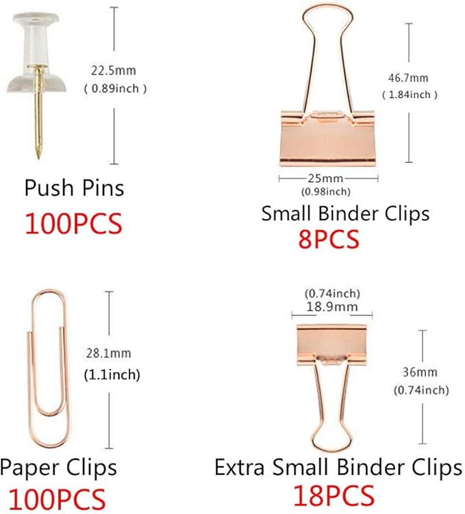 KIDMEN Rosegold kit,Set of Binder Clips,Paper Clips,Push Pins, Total 226pcs