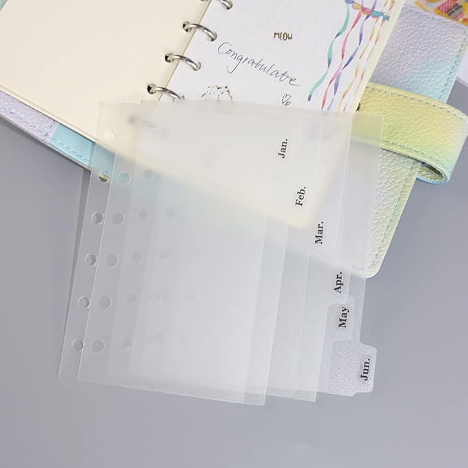 2 Pack A7 Binder Dividers 6 Tabs Clear Plastic Binder Index Tabs Planner Divider for Round Ring Binder Sheet Protector (Total 12 Dividers)
