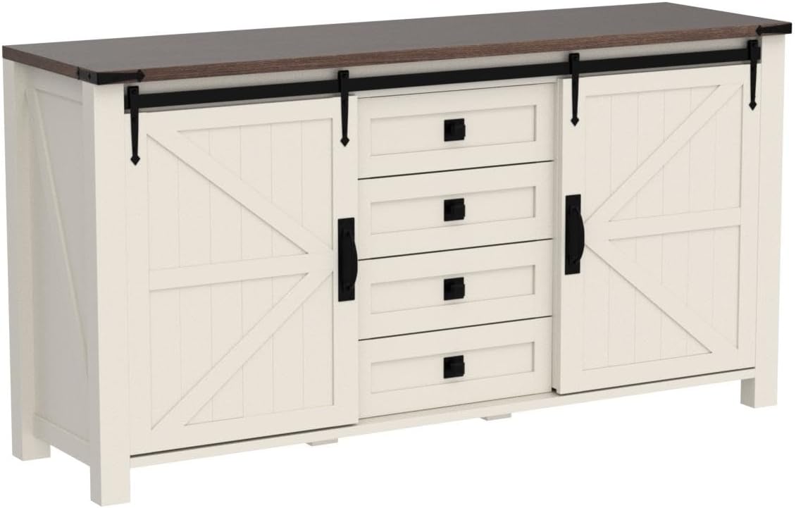 T4TREAM 60'' Farmhouse Dresser Chests for Bedroom w/4 Drawers & Sliding Barn Doors, Tall Chest of Drawers, Rustic Dresser TV Stand, Organizer for Bedroom, Living Room, Kitchen, Antique White