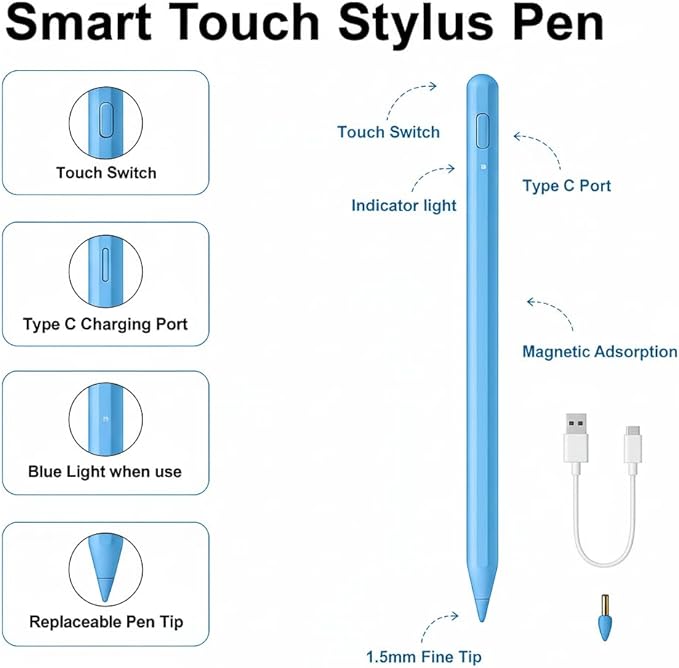 Stylus Pen for iPad Pencil 11th&10th,Pencil with Palm Rejection Tilt Sensitivity,Apple Pen 2018-2025 for Apple iPad A16/11/10/9/8/7/6th,Pro 12.9"/11"/13" M5/M4,Air M3/M2/5/4/3,Mini A17/6th/5th-Blue