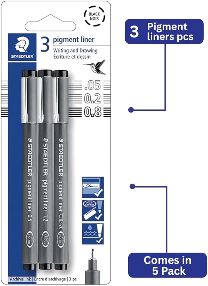 STAEDTLER Pigment Liner 5-Pack (5 sets of 3 pcs), Black, 3 Pens, Assorted Line Widths 0.05mm/0.2mm/0.8mm, 308-9SBK3, 15 Count