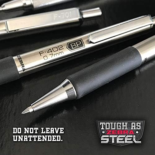 Zebra Pen, STEEL F-402 Retractable Ballpoint Pens, 0.7mm Fine Point, Blue Ink, Stainless Steel Barrel and Clip, Easy-Glide Ink, Comfort Grip, Refillable Pens for Office, School, 2-Pack (29222)