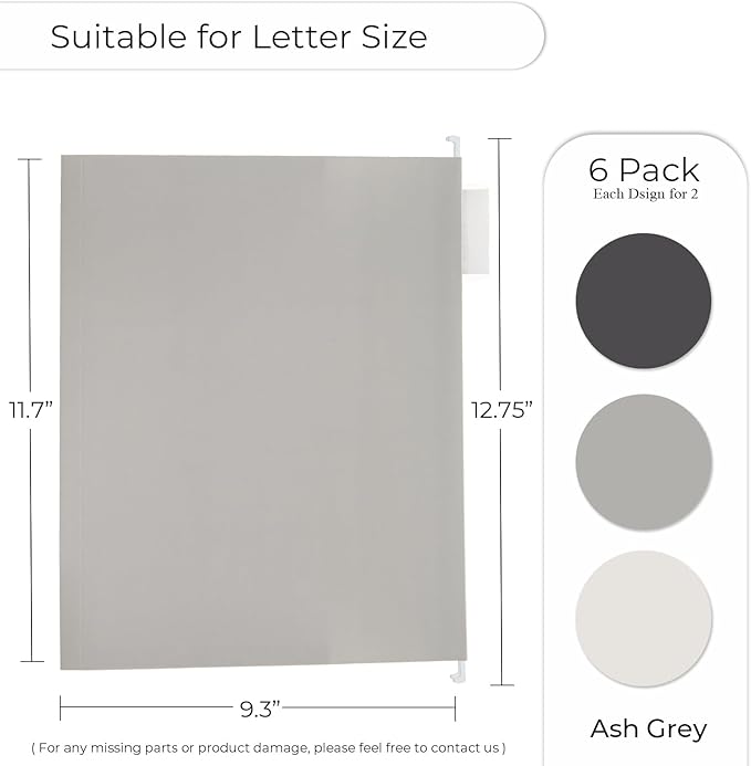 Y YOMA Letter Size - 6 Pack Extra Capacity Hanging File Folders Accordion Decorative Reinforced File Folder Cute Colored Expandable Folder for Office Home with 1/5-Cut Adjustable Tabs, Ash Grey