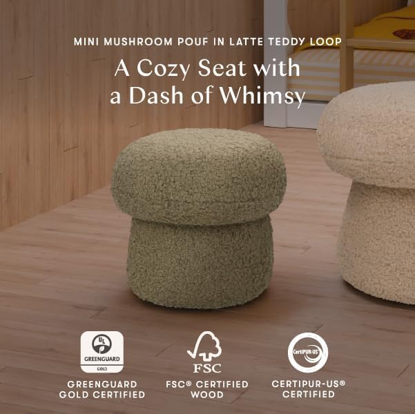 Babyletto Kids Mini Mushroom Pouf - Ottoman Foot Rest - Poofy Plush, Round Footrest Stool for Couch - GREENGUARD Certified Soft & Stuffed, Comfy Small Pouf Ottoman for Living Room/Nursery Floor, Latte