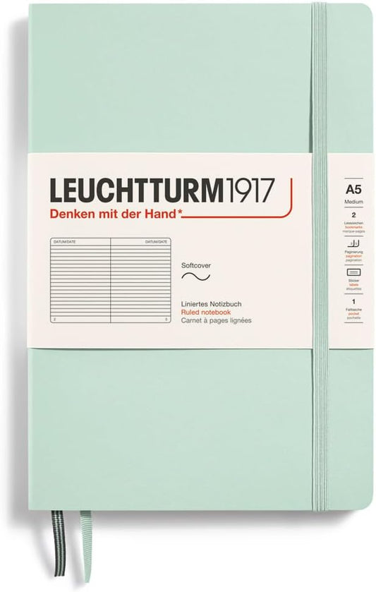 LEUCHTTURM1917 - Notebook Softcover Medium A5-123 Numbered Pages for Writing and Journaling (Mint Green, Ruled)