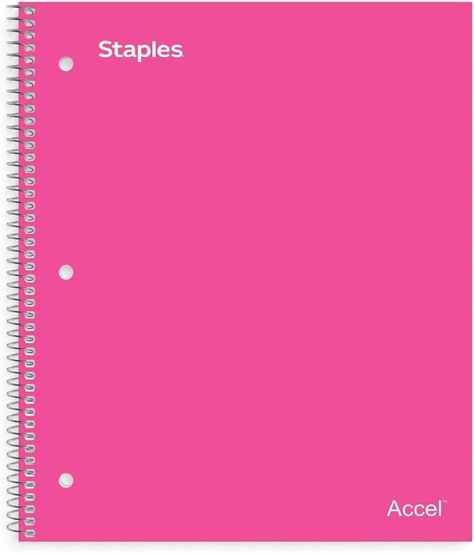 STAPLES Durable Poly Cover 1‑Subject Notebook, 8.5” x 11”, College Ruled, Pink
