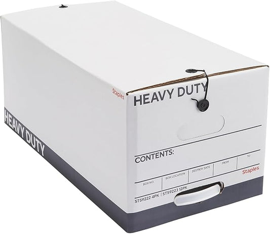 STAPLES Storage & Filing Box, Heavy-Duty with Handles & String-Button Lid, Letter Size Documents, Stackable, 4-Pack, White/Gray