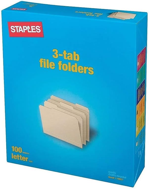 Staples File Folders, Letter Size, 1/3‑Cut Tabs, Assorted Positions, Manila, Durable Paper Stock, 500/Pack