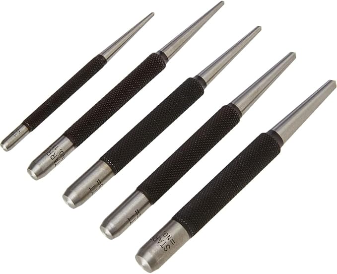 Starrett Steel Center Punch with Round Shank and Knurled Finger Grip - Hardened and Tempered Steel, 0-4" Length, 1/16, 5/64, 3/32, 1/8, 5/32 Diameter Tapered - 5 Pieces - S117PC