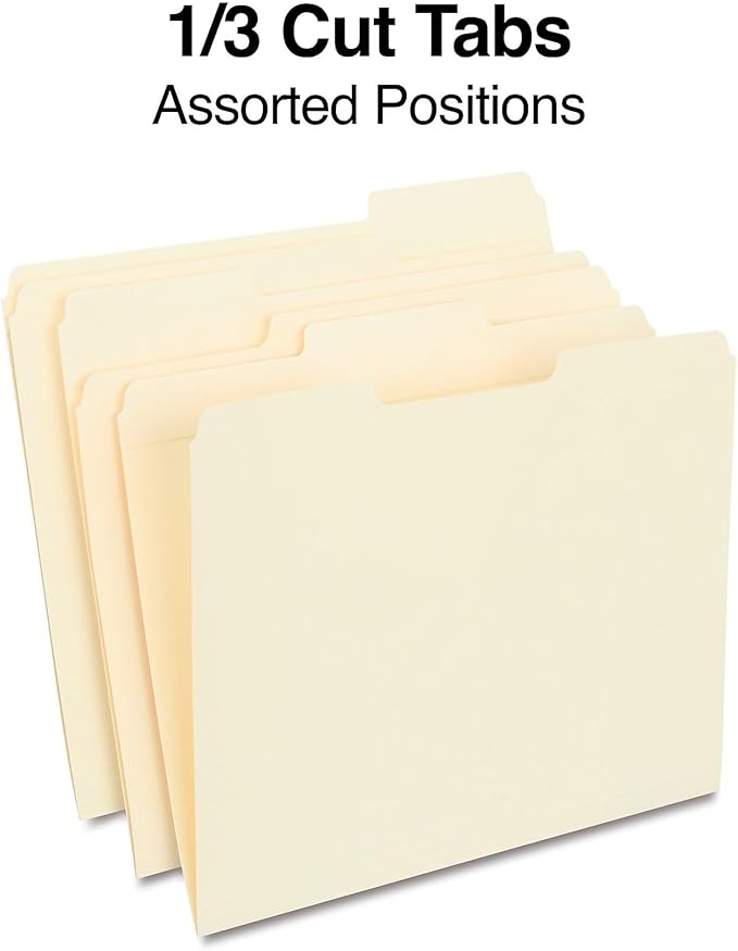 Staples 30% Recycled Reinforced File Folders, Letter Size, 1/3‑Cut Tabs, Manila, Durable Eco‑Friendly Paper Stock, 100/Box