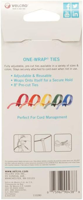VELCRO Brand ONE-WRAP Ties | Cable Management, Wires & Cords | Self Gripping Cable Ties, Reusable | 5 Ct - 8" x 1/2" | Multi-color