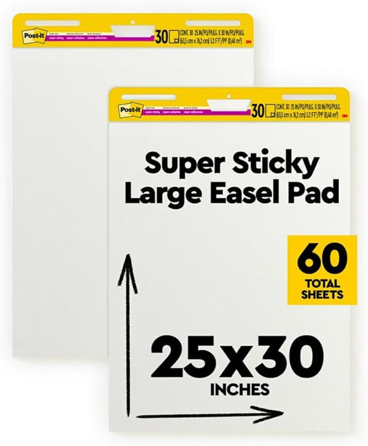 Post-it Super Sticky Easel Pad 25 in x 30 in White 30 Sheets/Pad 2 Pad/Pack Large White Premium Self Stick Flip Chart Paper Super Sticking Power (559)