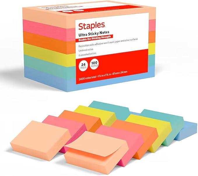 Staples Ultra Sticky Notes, 1 3/8" x 1 7/8", Golden Hour Colors, 2400 Sheets – Strong‑Hold Mini Notes for Tabs, Labels & Planning