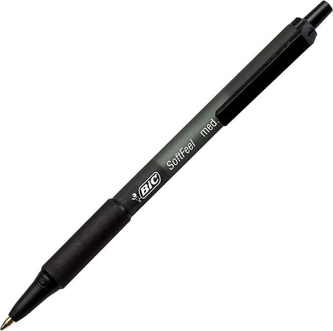 BIC Soft Feel Black Retractable Ballpoint Pens, Medium Point (1.0mm), 12-Count Pack, Black Pens With Soft-Touch Comfort Grip