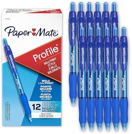 Paper Mate Profile Retractable Ballpoint Pens, Bold Point (1.4mm), Blue, 12 Count (Pack of 12)