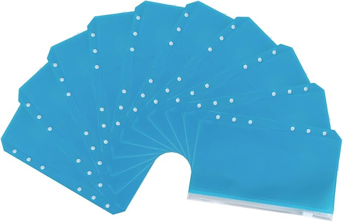 30pcs Blue Binder Pockets 6 Holes Zipper Folders PVC Card Loose Leaf Bags Cash Envelopes for Budgeting Binder