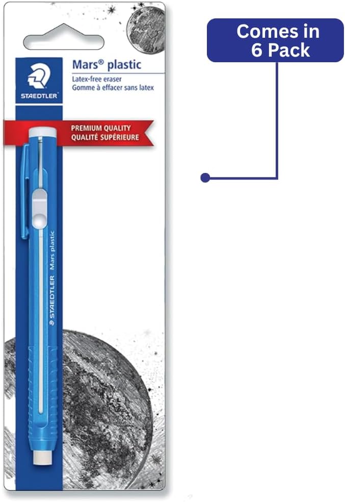 STAEDTLER 6-Pack Mars Plastic Eraser Pen with Refillable Holder, German-Made Eraser for Pencils, Smudge-Free & Tear-Free Precision, Retractable Design with Clip, Blue, 6 Count