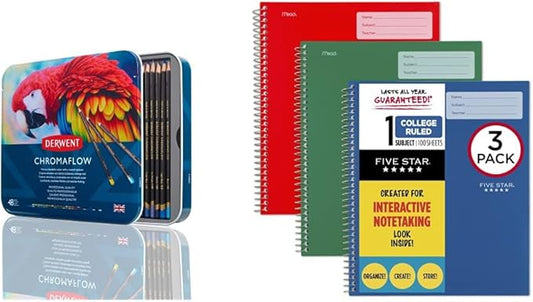 Bundle of Derwent Chromaflow Colored Pencils Tin, Set of 48, 4mm Wide Core, (2306013) + Five Star Interactive Notetaking Spiral Notebooks, 3 Pack, 1-Subject, College Ruled Paper (820195-ECM)