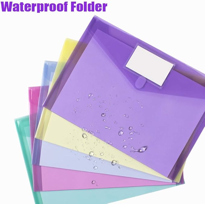 Sooez 10 Pack File Folders, Clear Poly Envelopes Plastic Folders, Folder for Documents Letter A4 Size with Label Pocket, Teacher School Office Supplies Organization Storage, Assorted Color