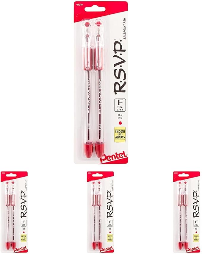 Pentel RSVP Ballpoint Pen, Fine Line, (0.7mm), Red Ink (BK90BP2B), 2 Count (Pack of 4)