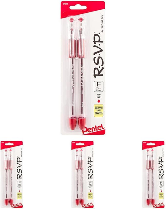 Pentel RSVP Ballpoint Pen, Fine Line, (0.7mm), Red Ink (BK90BP2B), 2 Count (Pack of 4)