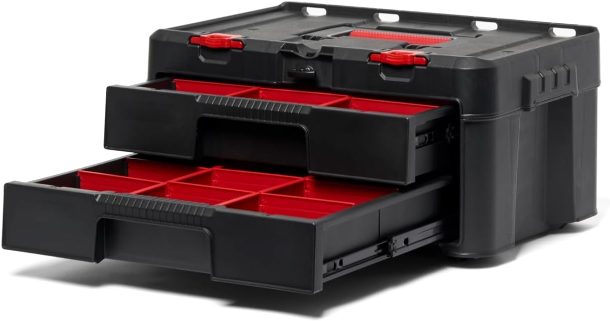Keter Stack-n-Roll 2.0 Modular Tools Organizer for Garage Storage and DIY, 3 Piece Resin Rolling Tool Box System for Small Parts, Black