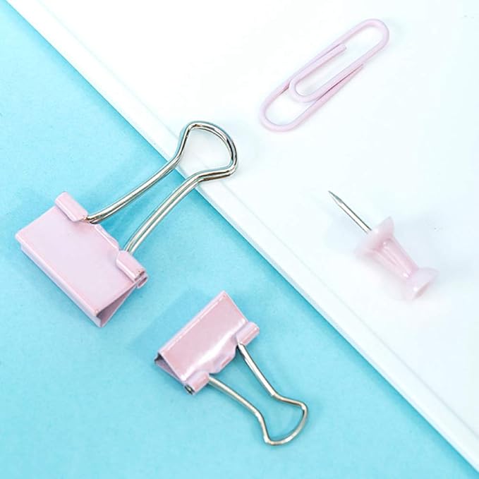 Paper Binder and Clips Set, Metal Assorted Sized Binders with Push Pins, Cute Office Supplies, Teacher Desk Must Haves, Cute Desk Accessories,Pink, 1 Pack
