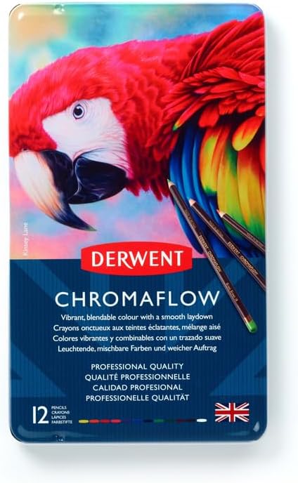 Derwent Chromaflow Colored Pencils Tin, Set of 12, Great for Holiday Gifts, 4mm Wide Core, Multicolor, Smooth Texture, Art Supplies for Drawing, Blending, Sketching, Professional Quality (2305856)