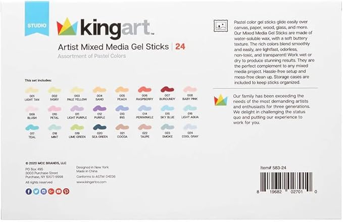 KINGART Pastel GEL STICK Set, Artist Pigment Crayons, 24 Unique Colors, Water Soluble, Creamy, and Odorless, Use on Paper, Wood, Canvas and more