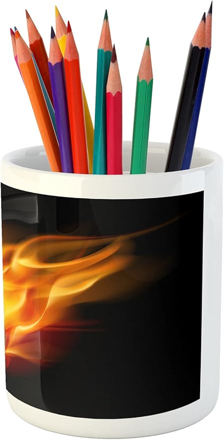 Ambesonne Sports Pencil Pen Holder, Basketball Lover Ball Speed Shoot Hoops Sporty Fun Art Print, Ceramic Pencil Holder for Desk Office Accessory, 3.6" X 3.2", Orange Black