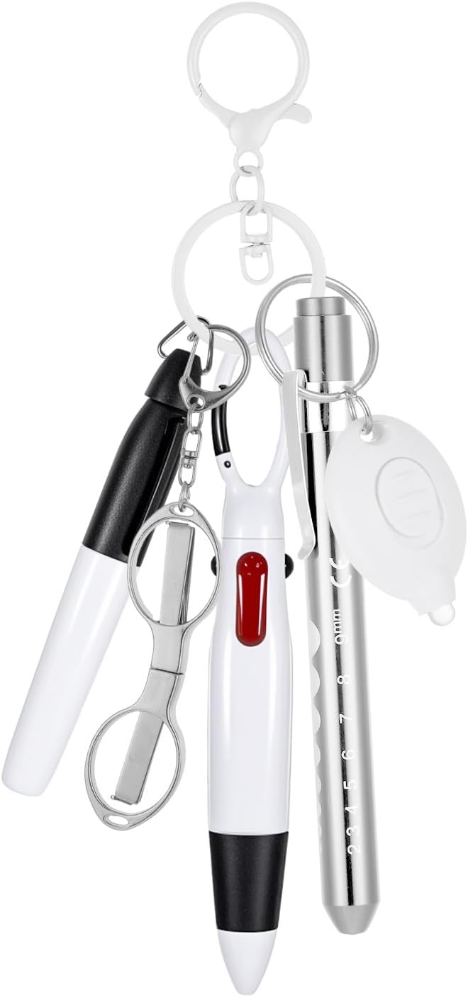 6 Pcs Nurse Pens for Badge Set,Nurse Badge Accessories with Reel Pen,Nursing Accessories Healthcare with Pens,Highlighter and Permanent Marker Pen and Led Keychain Foldable Scissors(White)