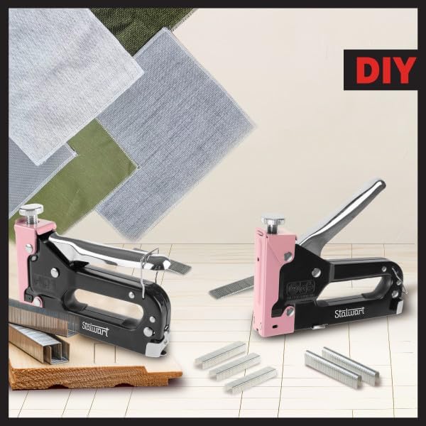 Light Duty Staple Gun - Fabric Stapler Gun for Crafts, Cardboard, Bulletin Boards or Classroom with 600 Standard 4-14mm Staples - Pink Stapler with Staples and Plastic Carrying Case by Stalwart