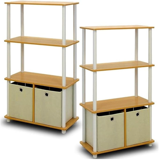 Furinno Go Green 4-Tier Multipurpose Storage Rack Shelving Unit with Bins (Set of 2), Beech
