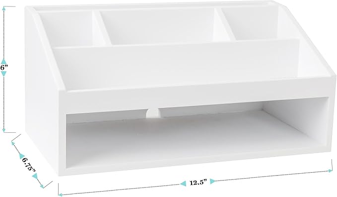 Martha Stewart Weston Wooden Desktop Organizer with Open Lower Storage Compartment, Engineered Wood Multipurpose Storage Caddy, White