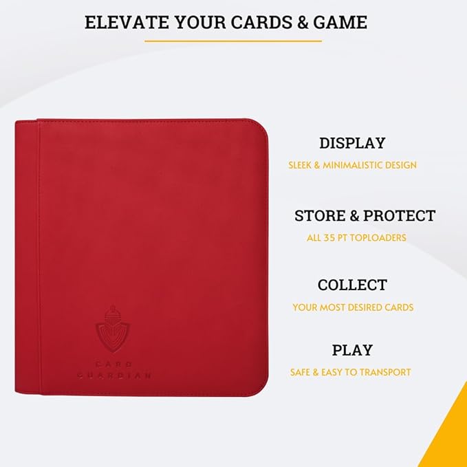 Card Guardian - Toploader 4 Pocket Premium Binder with Zipper for 160 Cards - Side Loaded Pockets - Compatible with Sports and Trading Cards TCG (Red)