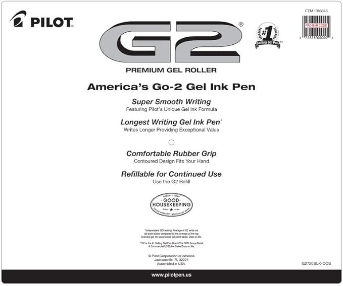 Pilot G2 Premium Gel Roller Pens 0.7, Fine Point Smooth Writing Pens Black, Pack of 20