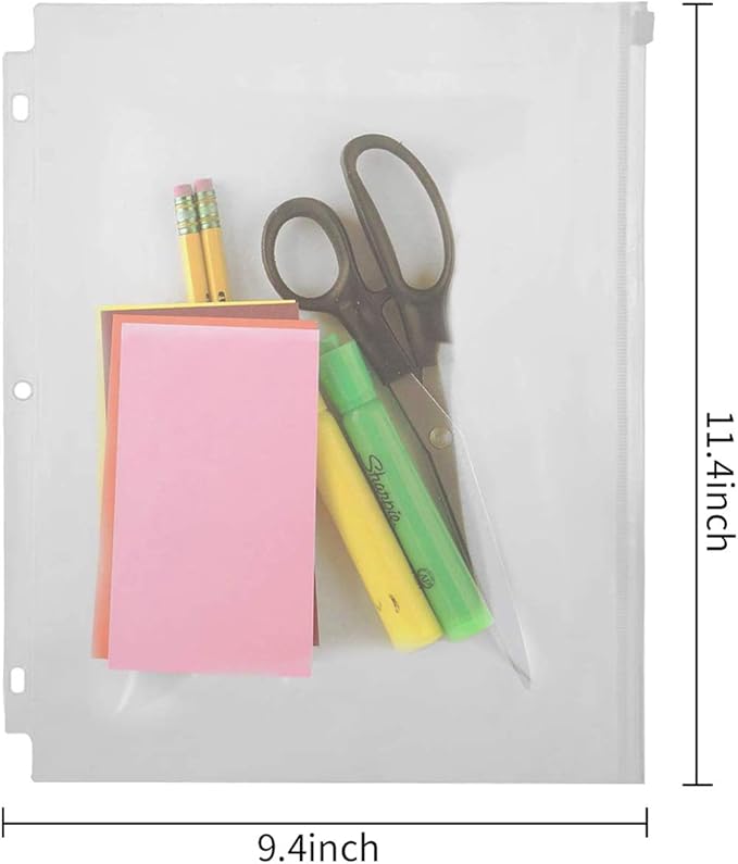 YoeeJob 3 Holes Clear PVC Zipper Binder Pocket Insert Pages Letter Size, 8 1/2" x 11 Loose Leaf Binder Filing Storage Bags 15 Per Pack