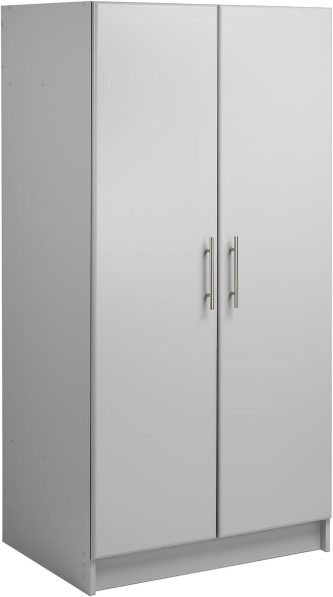 Prepac Elite 32" Storage Cabinet, Light Gray Storage Cabinet with Hanging Rail and Shelves for Living room, Kitchen and Laundry room 24.5" D x 32" W x 65" H