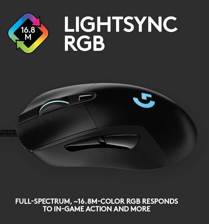 Logitech G403 Hero 25K Gaming Mouse, Lightsync RGB, Lightweight 87G+10G Optional, Braided Cable, 25, 600 DPI, Rubber Side Grips, Black