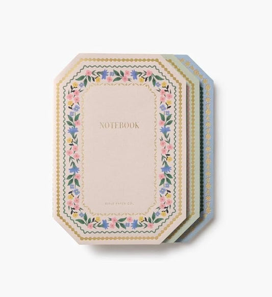 RIFLE PAPER CO. Gemma Stitched Notebook Set, 8.5" L x 6" W, Set Of 3, 64 Ruled Pages With Gold Ink, Full-Color Die-Cut Canvas Cover With White Text Paper Interior