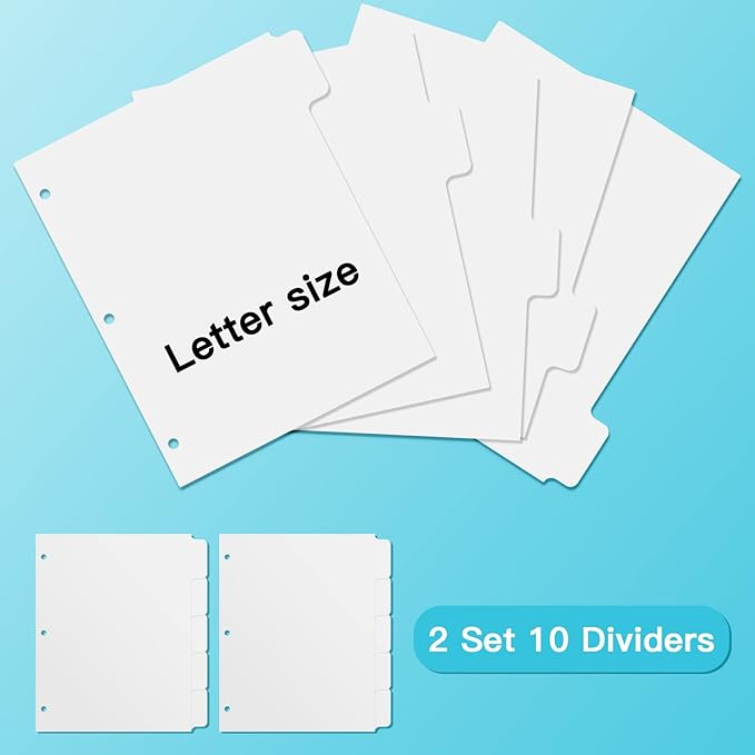 3 Ring Binder Dividers with 5 Tabs, Write & Erase Plastic Binder Dividers Durable 3 Hole Punch Dividers Letter-Size 1/5 Cut Big Tabs Dividers, 2 Set, 10 Dividers Total