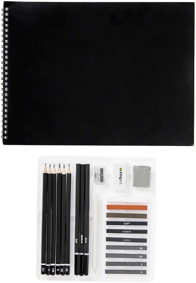 KINGART 24 Pc Sketching & Drawing Art Kit Combo w/Sketchbook, Graphite & Charcoal Pencils, Professional Supplies for All Skill Levels